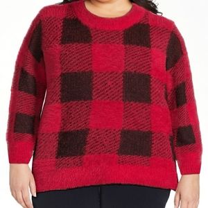 Time and Tru Womens Sweater Eyelash Pullover Size xxl Black Red Buffalo Plaid